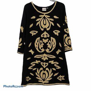 Young Threads Dress Black/Beige pullover Large Embroidered Textured Loose Fit